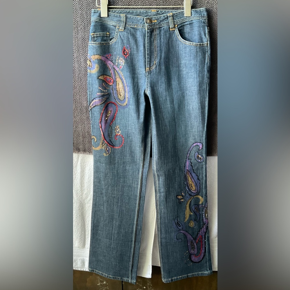 Chico's One of Kind Denim Straight Leg Jeans with Purple and Pink Embroidery